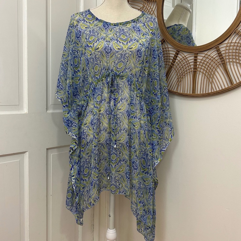 Sunflower Kaftan Swim Coverup Women Free‎ Size Blue Green Sheer Resort Cruise